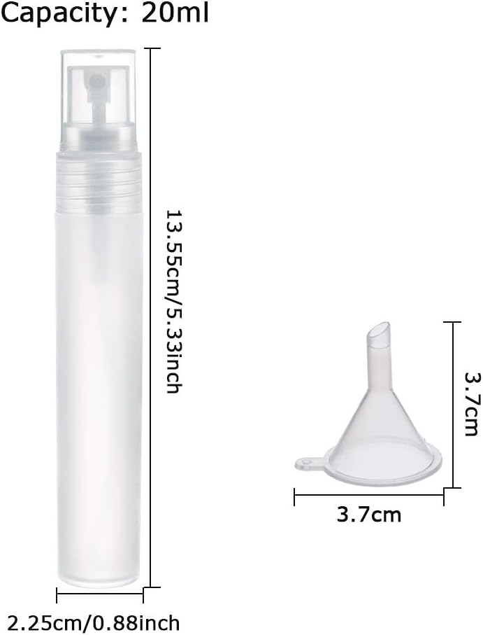 BENECREAT 12PCS 20ml Mini Plastic Spritzer Bottle Frosted Fine Mist Spray Tubes, 2PCS Transfer Pumps, 4PCS Funnels and 4PCS Pipettes for Perfume Lotion Liquids