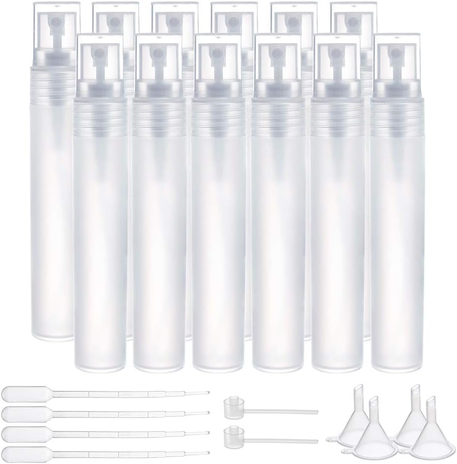 BENECREAT 12PCS 20ml Mini Plastic Spritzer Bottle Frosted Fine Mist Spray Tubes, 2PCS Transfer Pumps, 4PCS Funnels and 4PCS Pipettes for Perfume Lotion Liquids