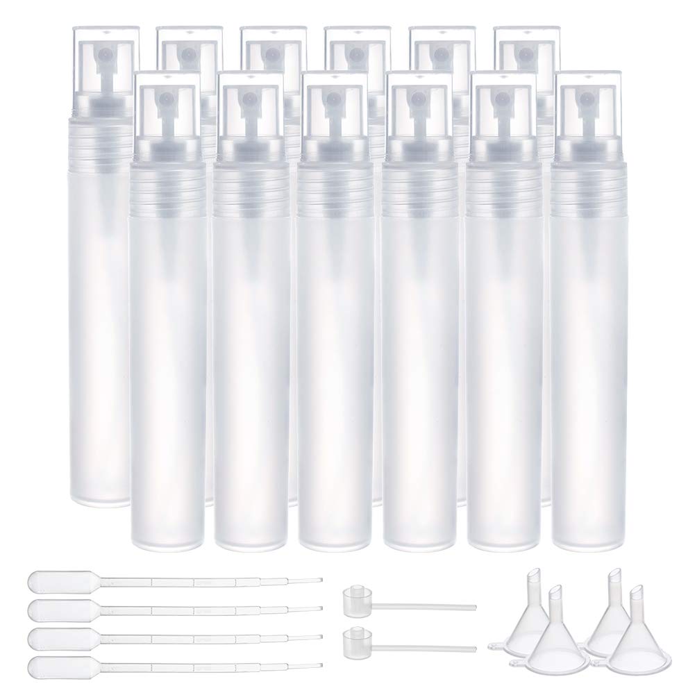 BENECREAT 12PCS 20ml Mini Plastic Spritzer Bottle Frosted Fine Mist Spray Tubes, 2PCS Transfer Pumps, 4PCS Funnels and 4PCS Pipettes for Perfume Lotion Liquids