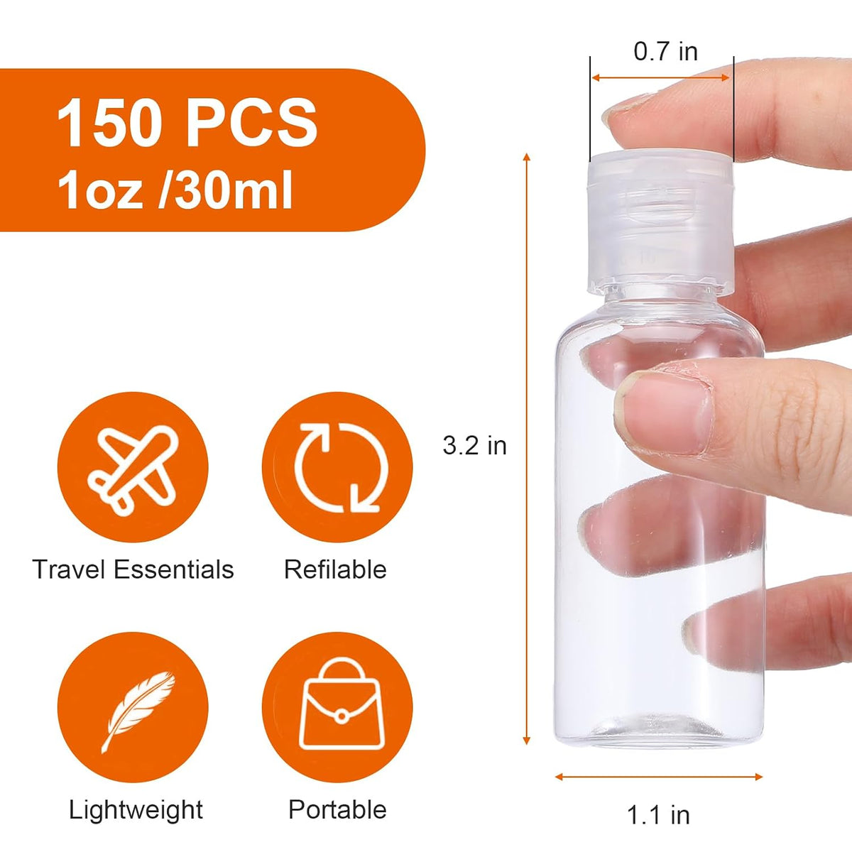 150 Pcs 1 oz Travel Bottles - Small Lotion Containers with Lids, 30ml Clear Plastic Refillable Empty Containers for Toiletries, Shampoo, Lotion, Cream & Liquid Soap (White Cap)
