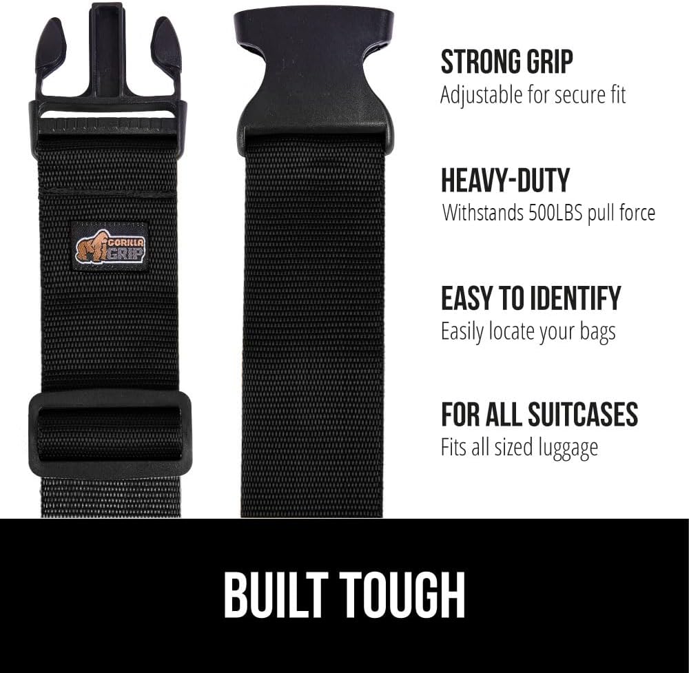 GORILLA GRIP Heavy Duty Luggage Straps for Suitcase, 4 Pack, Black