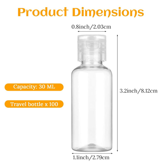 100 Pack 1 oz Travel Bottles, 30ml Clear Plastic Travel Size Containers with Flip Cap - Leak Proof Refillable Empty Bottles for Toiletries, Lotion & Cosmetics