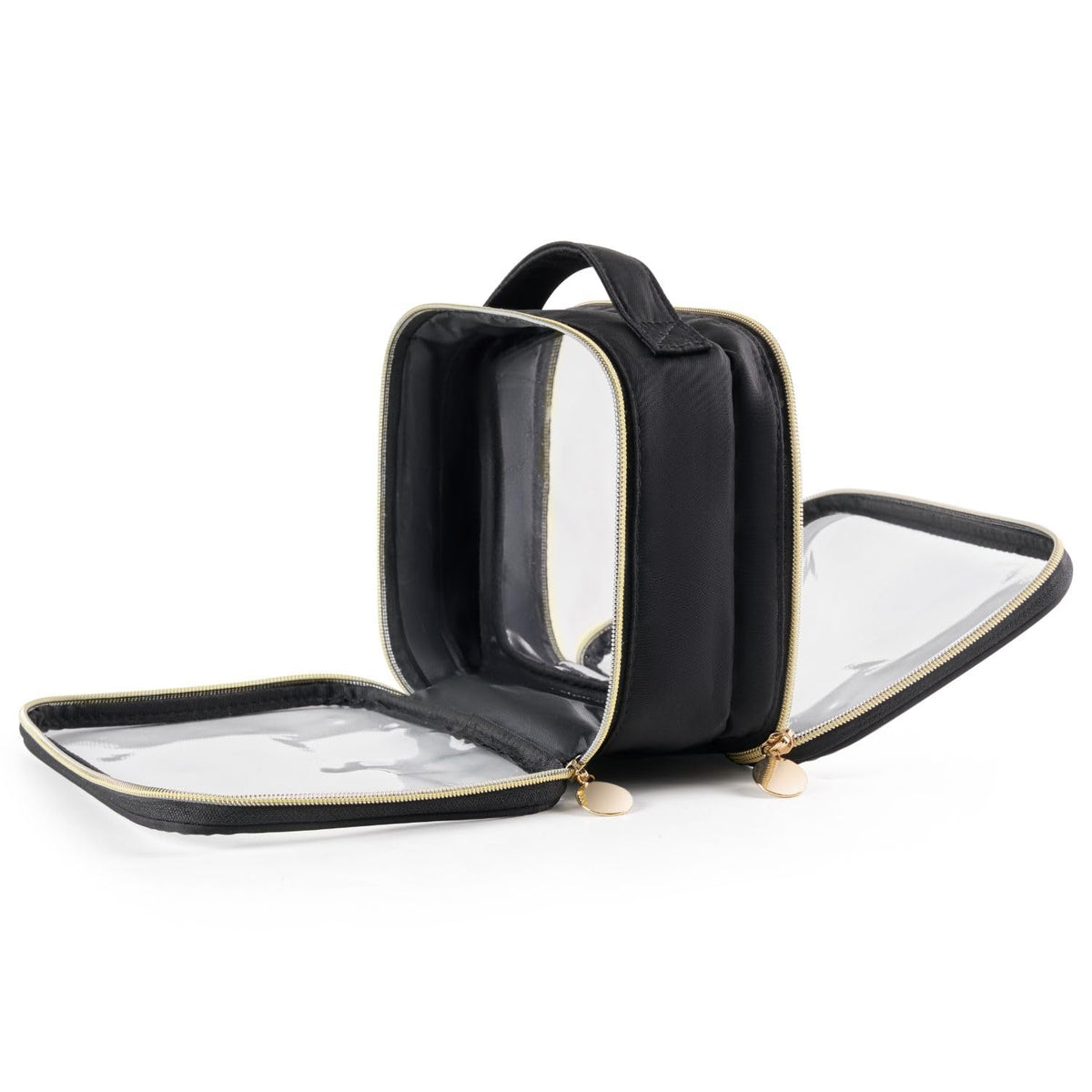 Yarnic Clear Travel Makeup Bag Transparent Cosmetic Pouch Portable Toiletry Bags Two Compartments Cosmetic Bag with Handle Nylon and PVC Make up Organizer