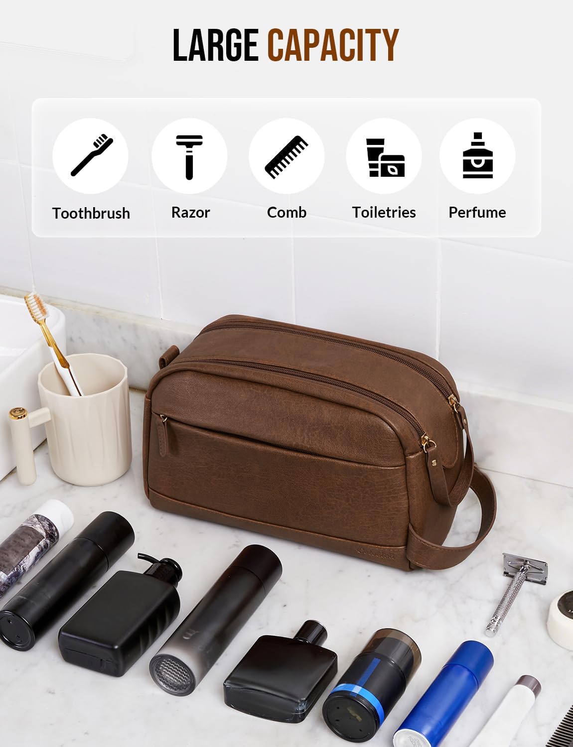 PU Leather Toiletry Bag for Men, Brown