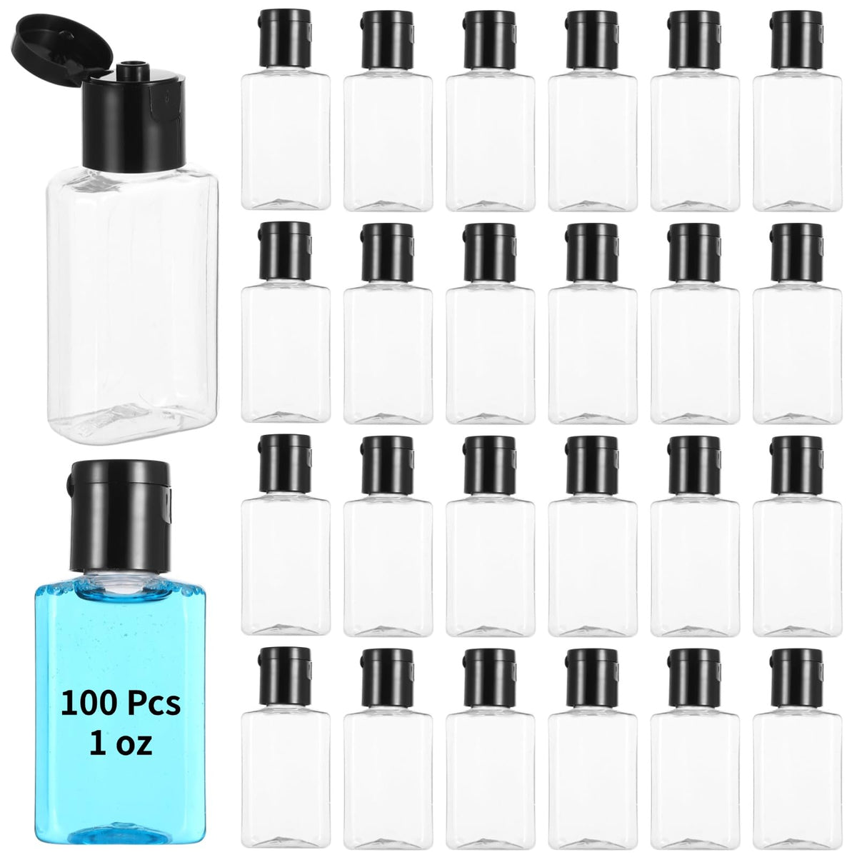 Lnrueg 100 PCS 1OZ Travel Bottles with Flip Cap - 30 ml Clear Plastic Travel Size Containers, Portable Leak Proof Squeeze Bottles Refillable Empty Cosmetic Containers for Liquid Shampoo Lotion, Black