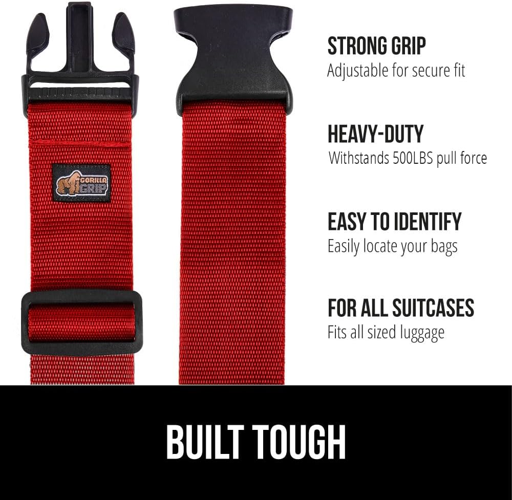 GORILLA GRIP Heavy Duty Luggage Straps for Suitcase, 4 Pack, Red