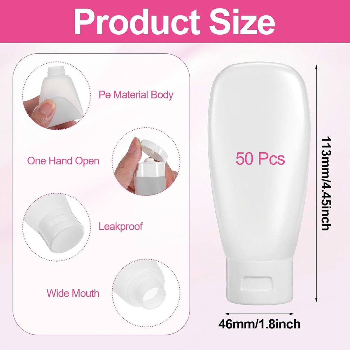 50 Pcs 2oz Plastic Squeeze Tubes, Travel Bottles for Toiletries 2 oz Plastic Refillable Cosmetic Squeeze Bottles Leak Proof Travel Size for Shampoo Conditioner Lotion