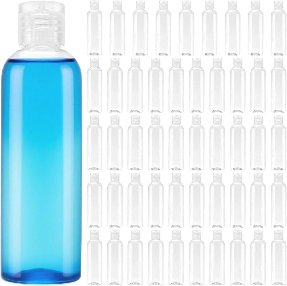 MOUYAT 50 Pack 4oz Clear Plastic Flip Cap Bottles, 120ml Empty Small Squeeze Travel Size Bottles, Mini Refillable Flip Cap Travel Size Sample Containers for Lotion, Cream and Toiletries