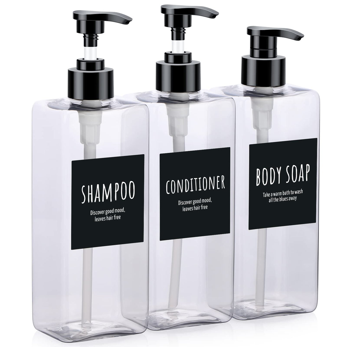 Segbeauty Shampoo Bottles, 3pcs 16.9oz Empty Refillable Pump Dispenser with Labels, 500ml Plastic Reusable Press Lotion Containers for Bathroom Hotel Liquid Soap Body Wash Hand Soap Conditioner Clear