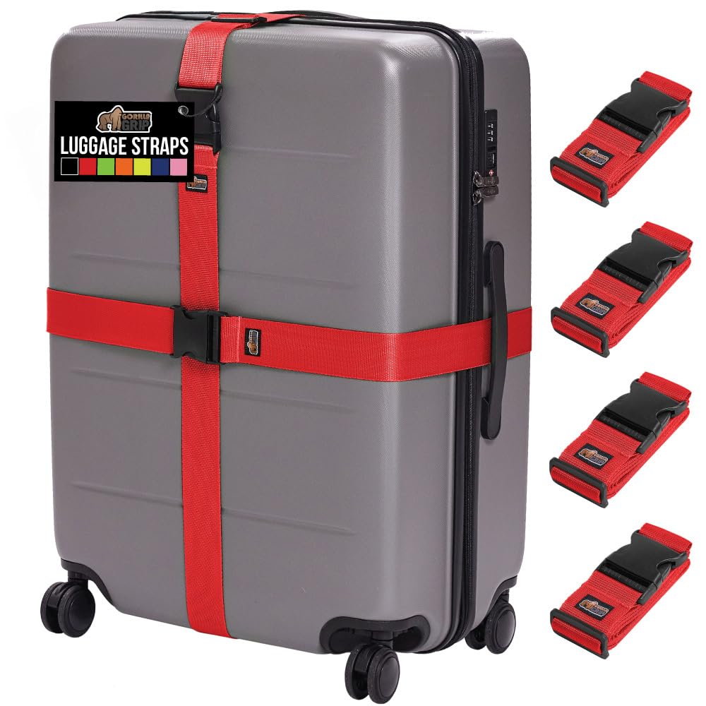 GORILLA GRIP Heavy Duty Luggage Straps for Suitcase, 4 Pack, Black