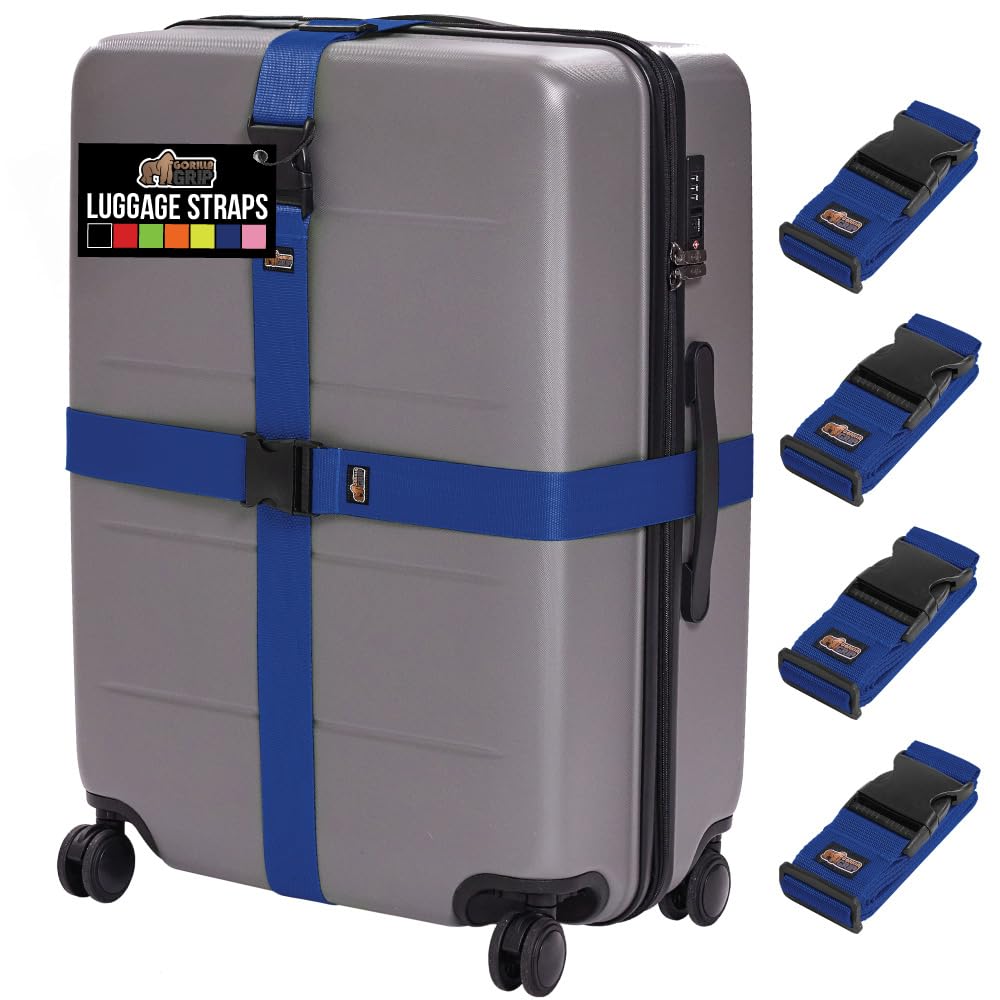 GORILLA GRIP Heavy Duty Luggage Straps for Suitcase, 4 Pack, Blue