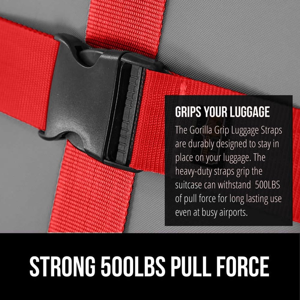 GORILLA GRIP Heavy Duty Luggage Straps for Suitcase, 4 Pack, Red