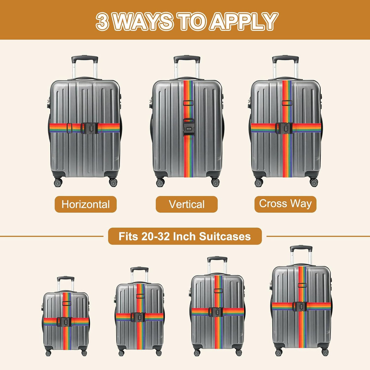 MECCANIXITY Luggage Straps with Combination Lock Adjustable Suitcase Belt Strap for Suitcase Briefcase Backpack Travel, Gray-Orange, Pack of 4