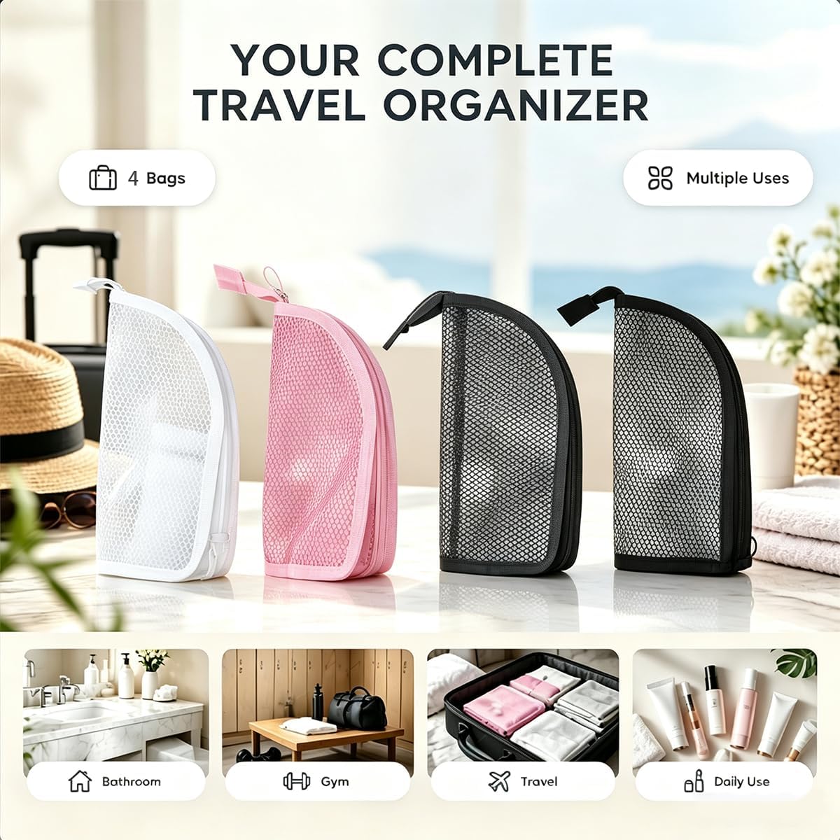 Standing Toiletry Bag, 4 Pack EVA Mesh Waterproof Travel Organizer
