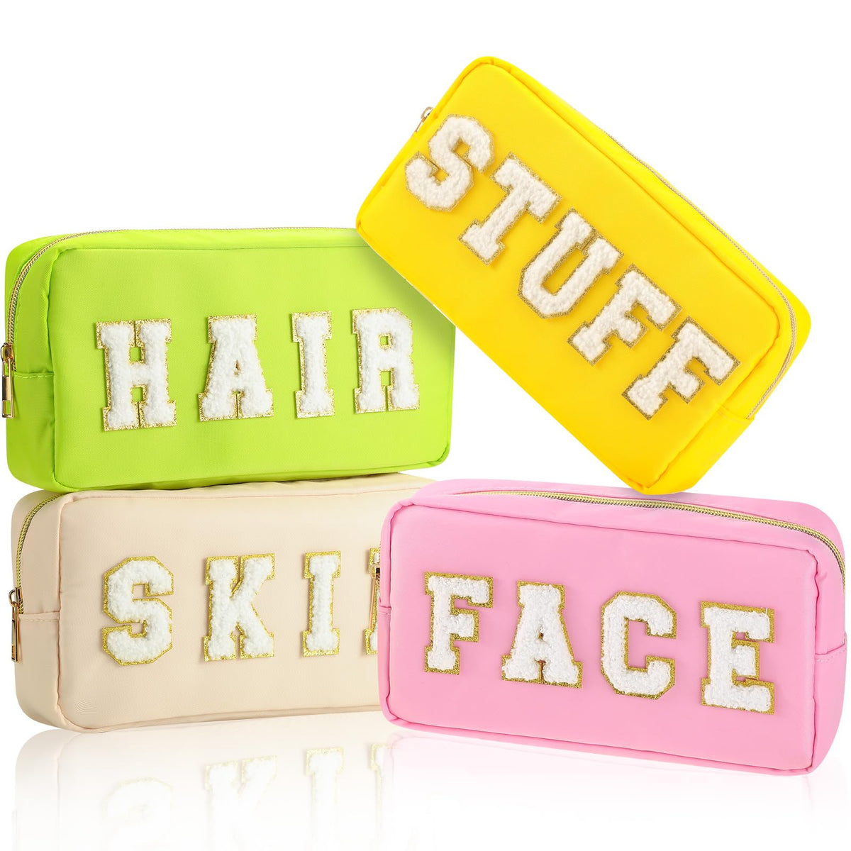 Preppy Makeup Bags Chenille Letter Stuff Bag Nylon Cosmetic Pouch Cases with Zipper for Women Travel Toiletry(Brown Set,Classic,4 Pcs)