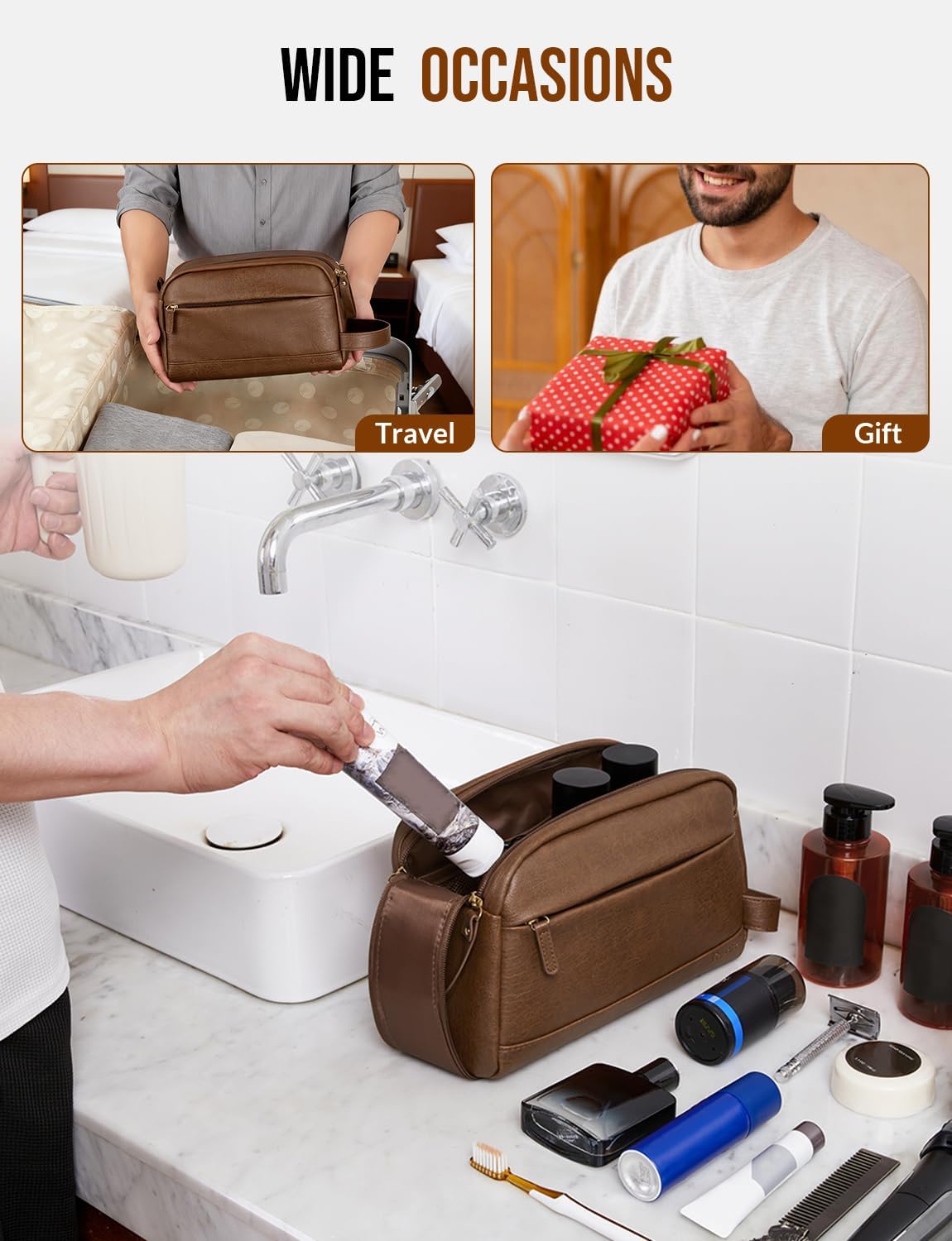 PU Leather Toiletry Bag for Men, Brown