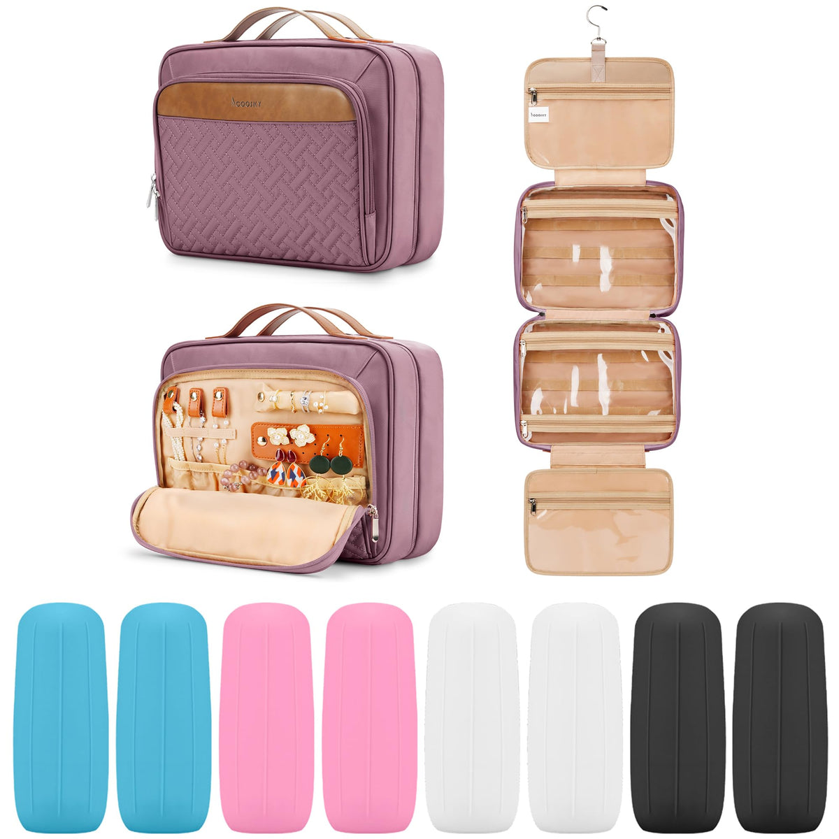 COOSKY Travel Hanging Toiletry Bag for Women, Cruise Ship Essentials, with Jewelry Organizer, Extra Large Makeup Dopp Kit, Waterproof Cosmetic Bags, Toiletries Kit Set with Trolley Belt, Blue