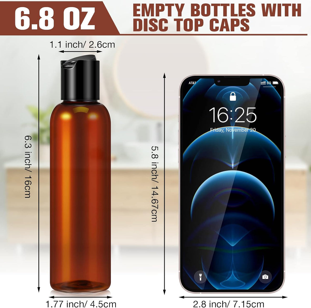 Mimorou 30 Pack Amber Empty Bottles Plastic Squeeze Bottles with Disc Top Flip Cap Small Empty Travel Squeeze Bottle for Lotions Liquid Body Soap Conditioner Creams(6.8 oz)