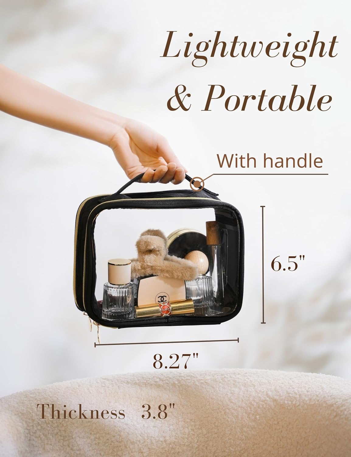 Yarnic Clear Travel Makeup Bag Transparent Cosmetic Pouch Portable Toiletry Bags Two Compartments Cosmetic Bag with Handle Nylon and PVC Make up Organizer