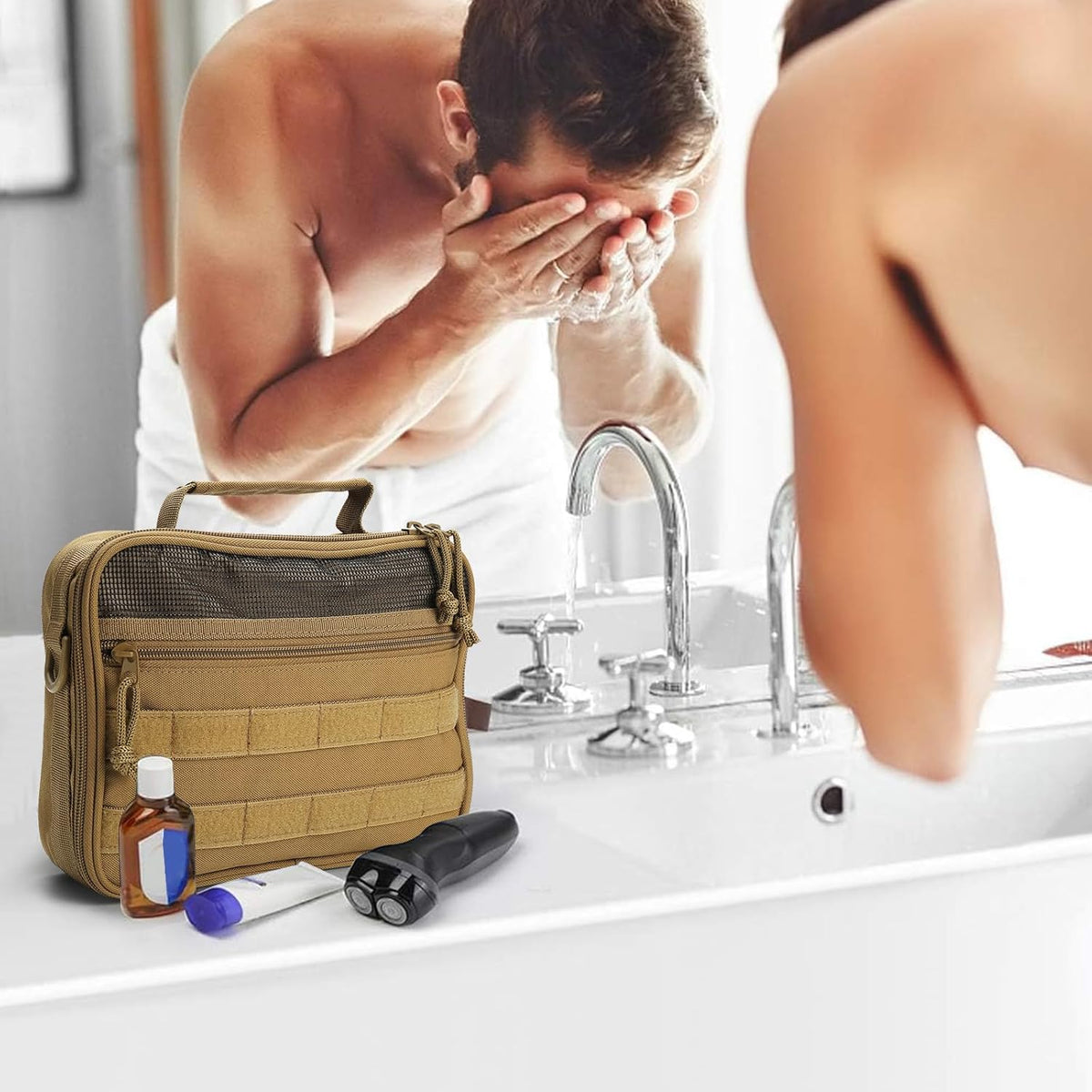 SMONT Toiletry Bag for Men Travel Toiletry Organizer Dopp Kit Travel Organizer Toiletries Tactical Bag Shaving Hygiene Bag Bathroom Hanging Men's Toiletry Bag for Short Trips Brown