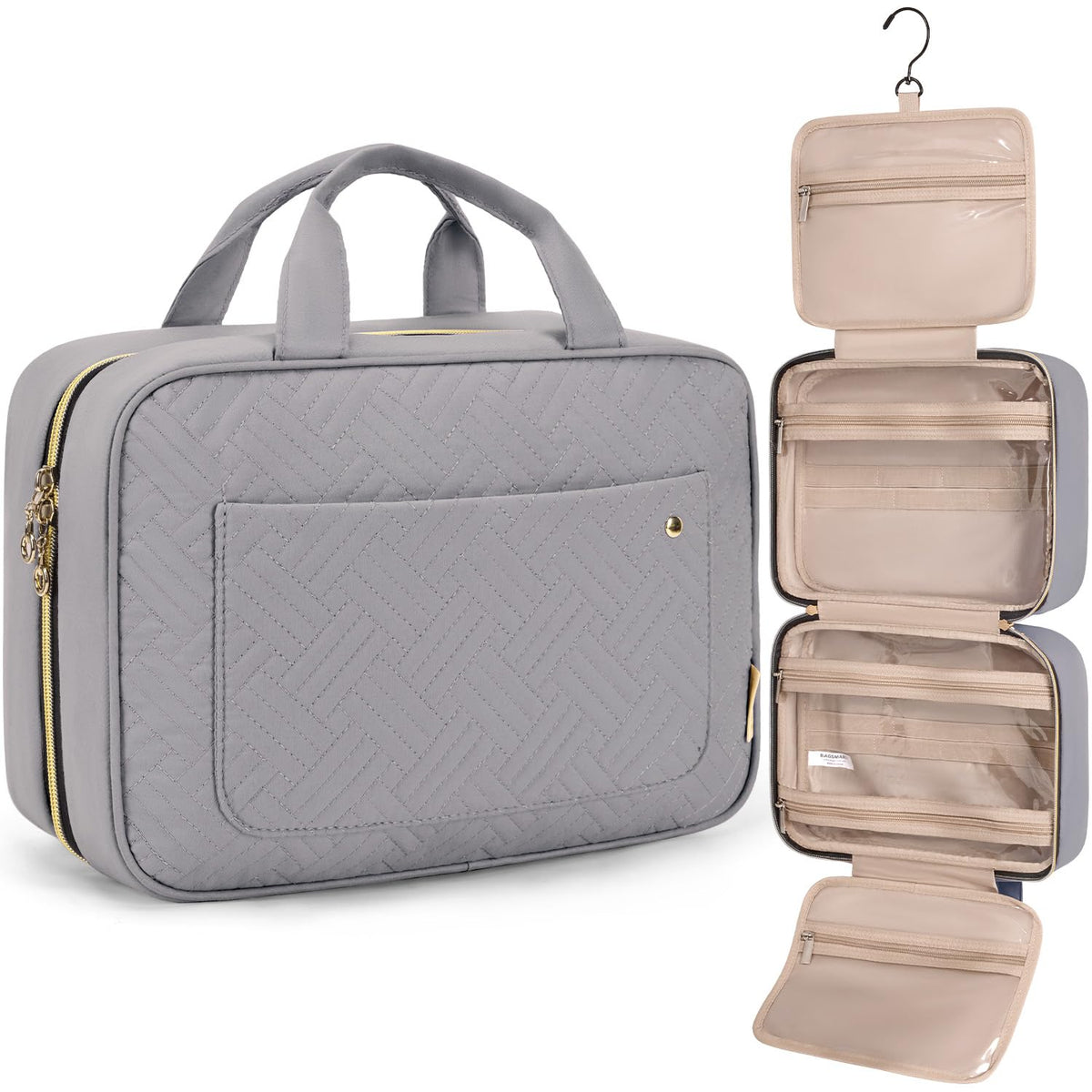 BAGSMART Toiletry Bag Travel Bag with Hanging Hook, Water-resistant Makeup Cosmetic Bag Travel Organizer for Accessories, Shampoo, Full Sized Container, Toiletries (Medium-Grey)