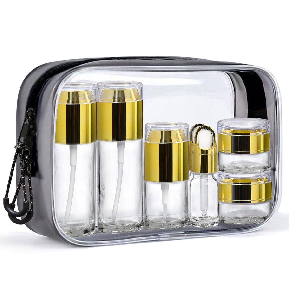 Glass Travel Bottles for Toiletries, TSA Approved, Leak Proof Refillable Travel Size Containers with Pump Spray Dropper Jars for Skincare Lotion Cream or Shampoo