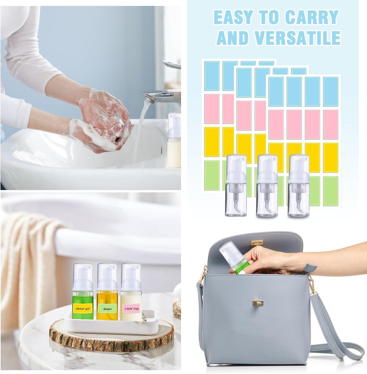 50 Pcs Foam Pump Bottle 1 oz Small Size Mousse Foam Soap Dispenser,Clear Plastic Empty Refillable Mini Foam Pump Bottle for Face Wash Shampoo Skin Care with 160 Labels(30 ml)