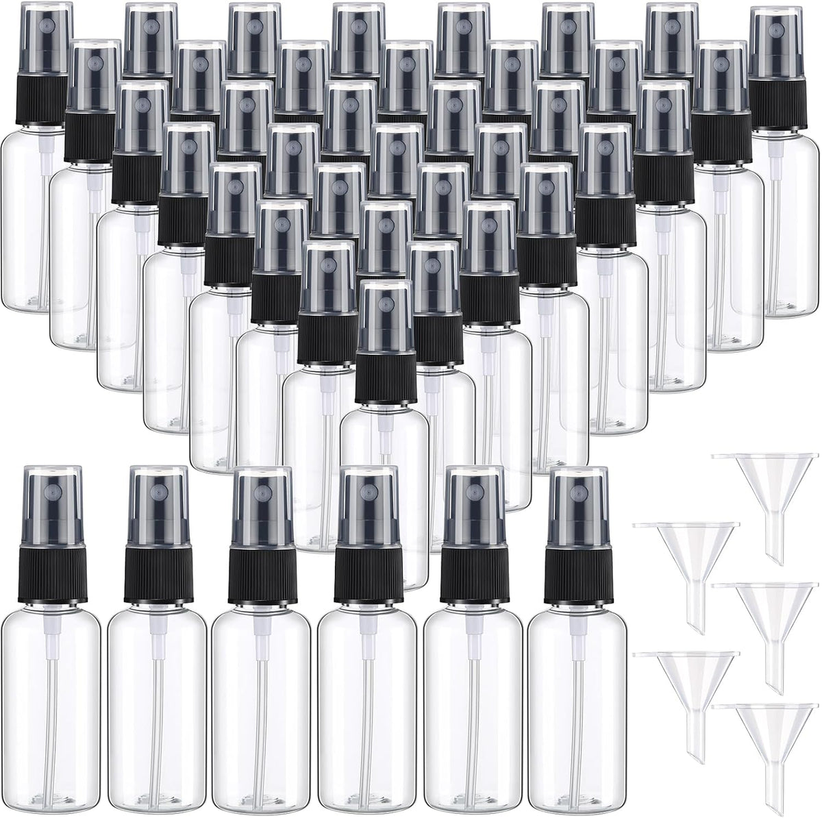 Maxcheck 200 Pcs Mini Clear Spray Bottles 1 oz Plastic Empty Travel Bottle Fine Mist Small Spray Containers with 5 Pcs Funnels Refillable Liquid Travel Container for Perfume Skin Toner (Black)