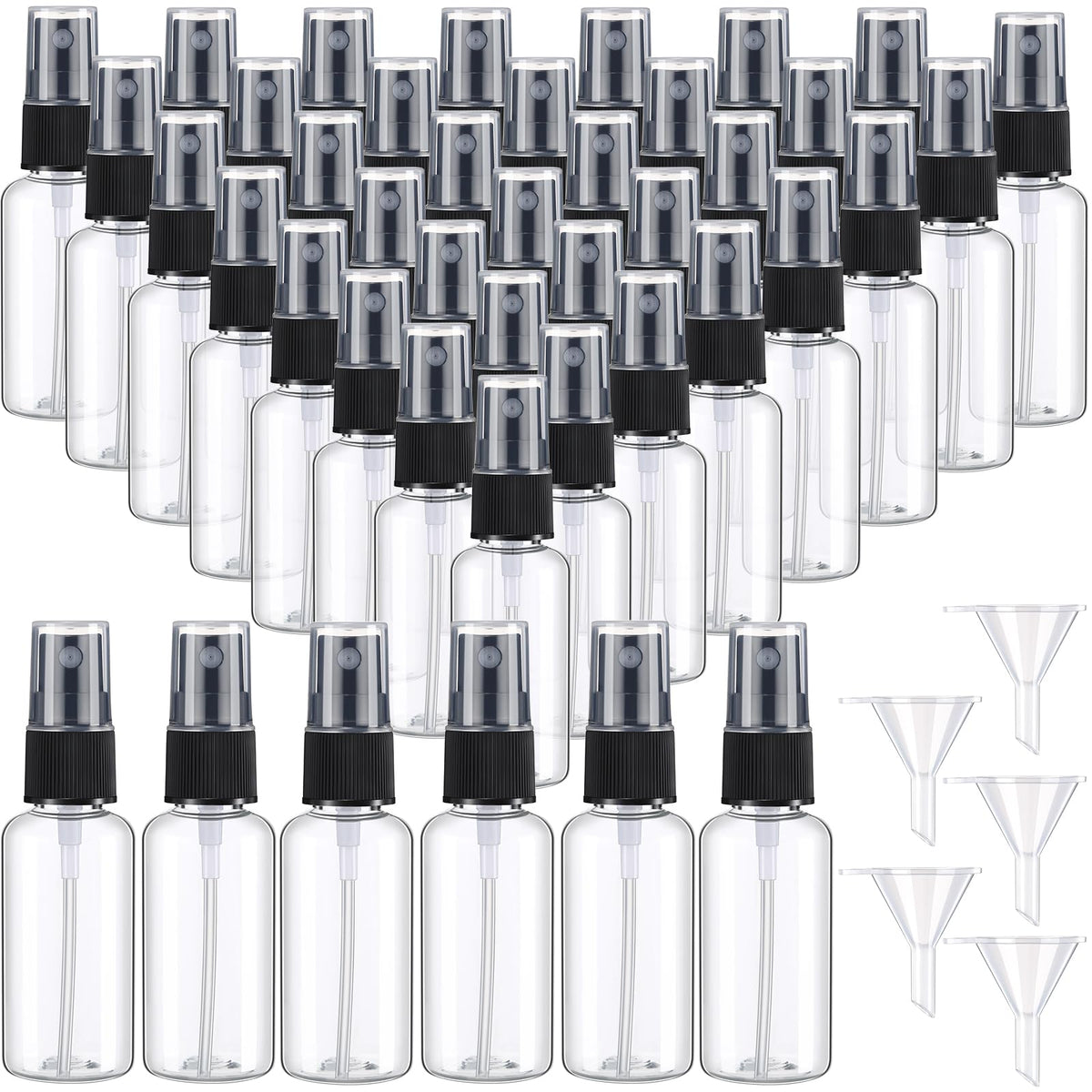 Maxcheck 200 Pcs Mini Clear Spray Bottles 1 oz Plastic Empty Travel Bottle Fine Mist Small Spray Containers with 5 Pcs Funnels Refillable Liquid Travel Container for Perfume Skin Toner (Black)