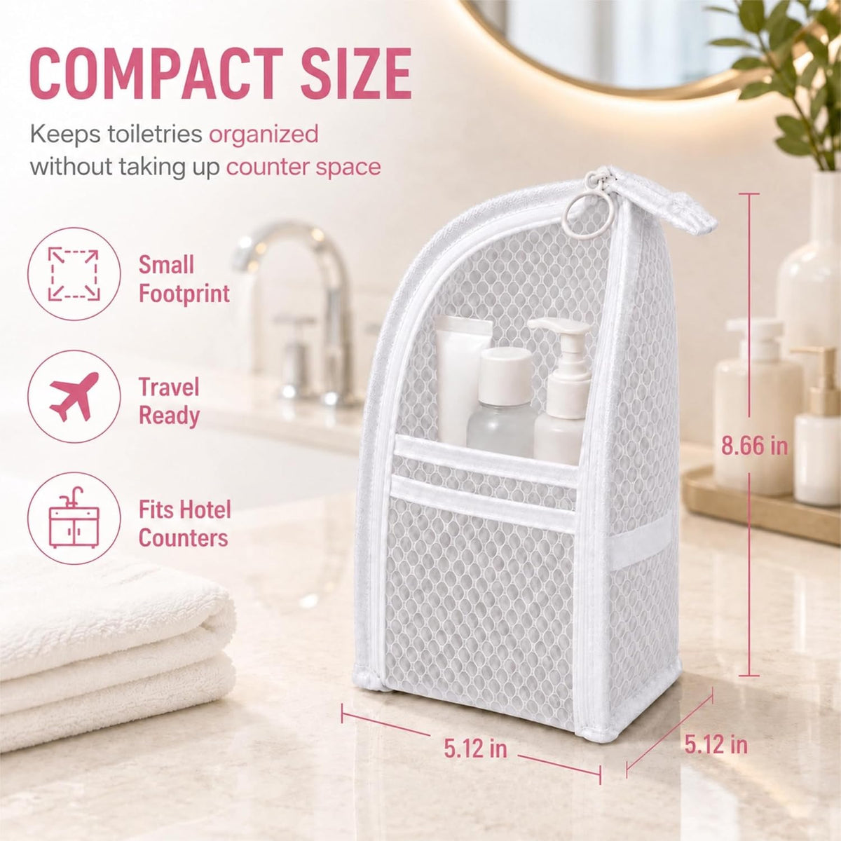 Standing Toiletry Bag Set, 4 Pack Portable EVA Mesh Travel Toiletry Pouches with Elastic Straps and Hanging Hole, Waterproof Makeup Organizer for Women Men - White Black Gray & Pink
