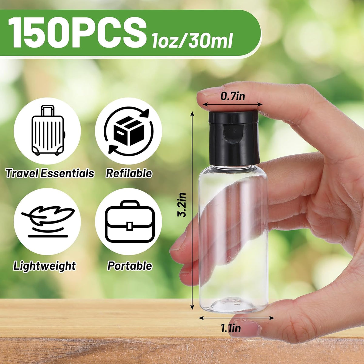150 Pcs 1oz Small Travel Bottles, Clear Plastic Refillable Empty Containers with Black Cap for Shampoo, Lotion, Body Soap, Cream, Toiletries, Leak Proof Squeeze Bottles