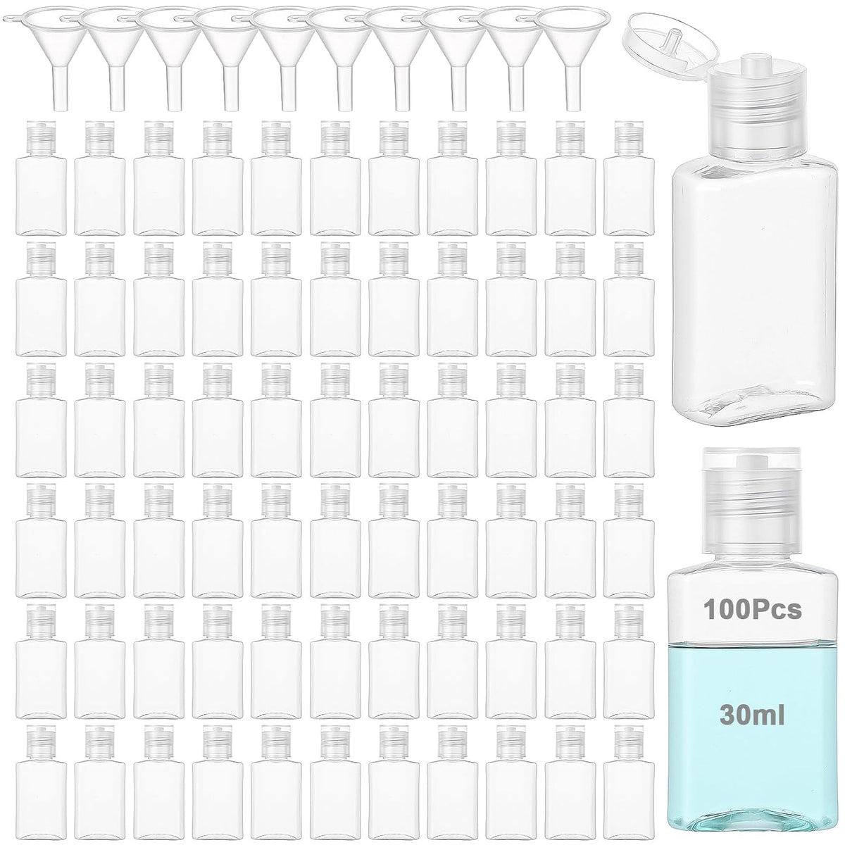 100 Pcs 30 ml/1 oz Travel Bottles with 10 Funnels, Mini Clear Plastic Empty Bottle with Flip Cap Portable Refillable Containers for Shampoo, Shower Gel, Lotion, Emulsion, Foundation
