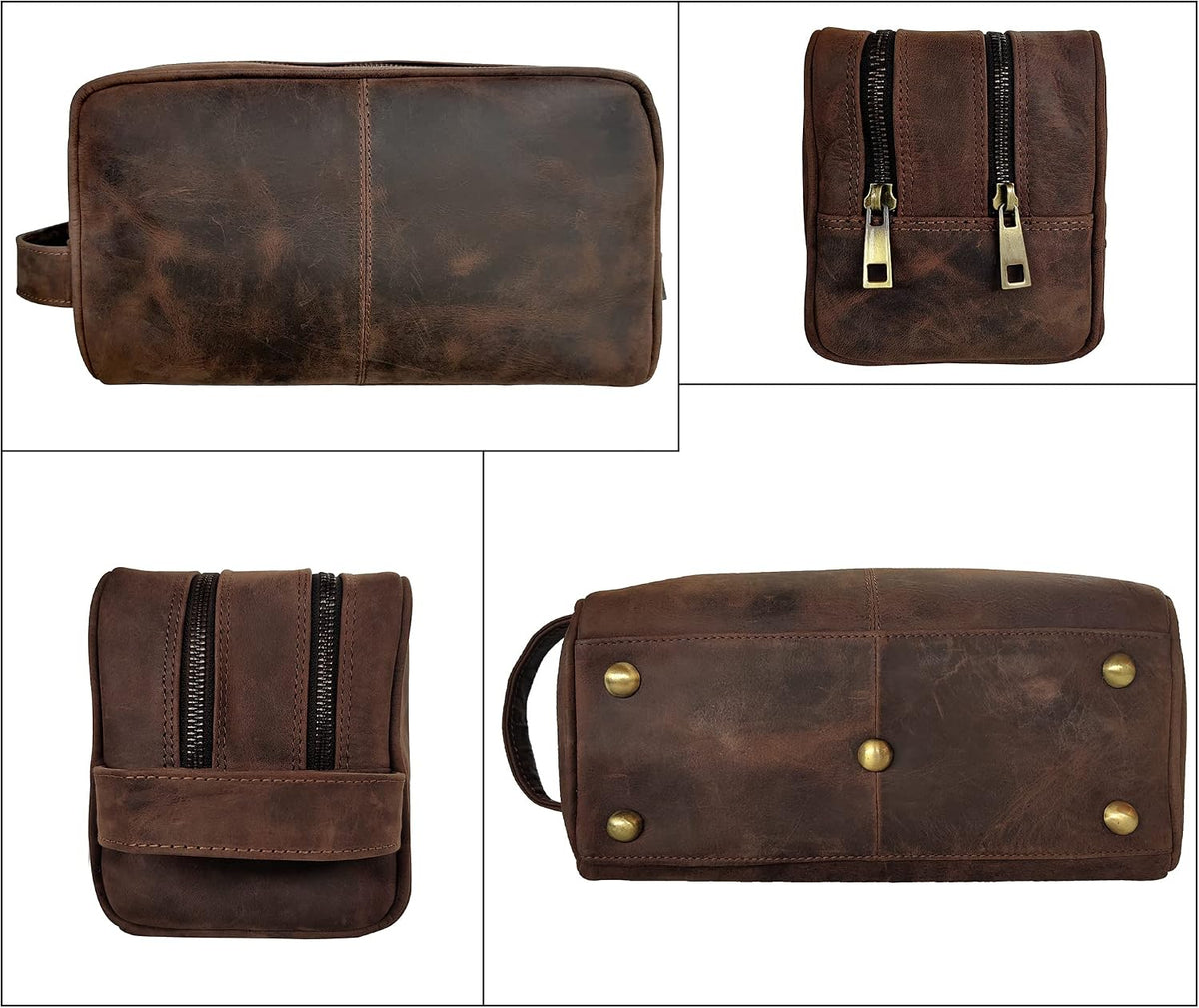 Leather Travel Toiletry Bag for Men, Full Grain Cosmetic Dopp Kit Organizer