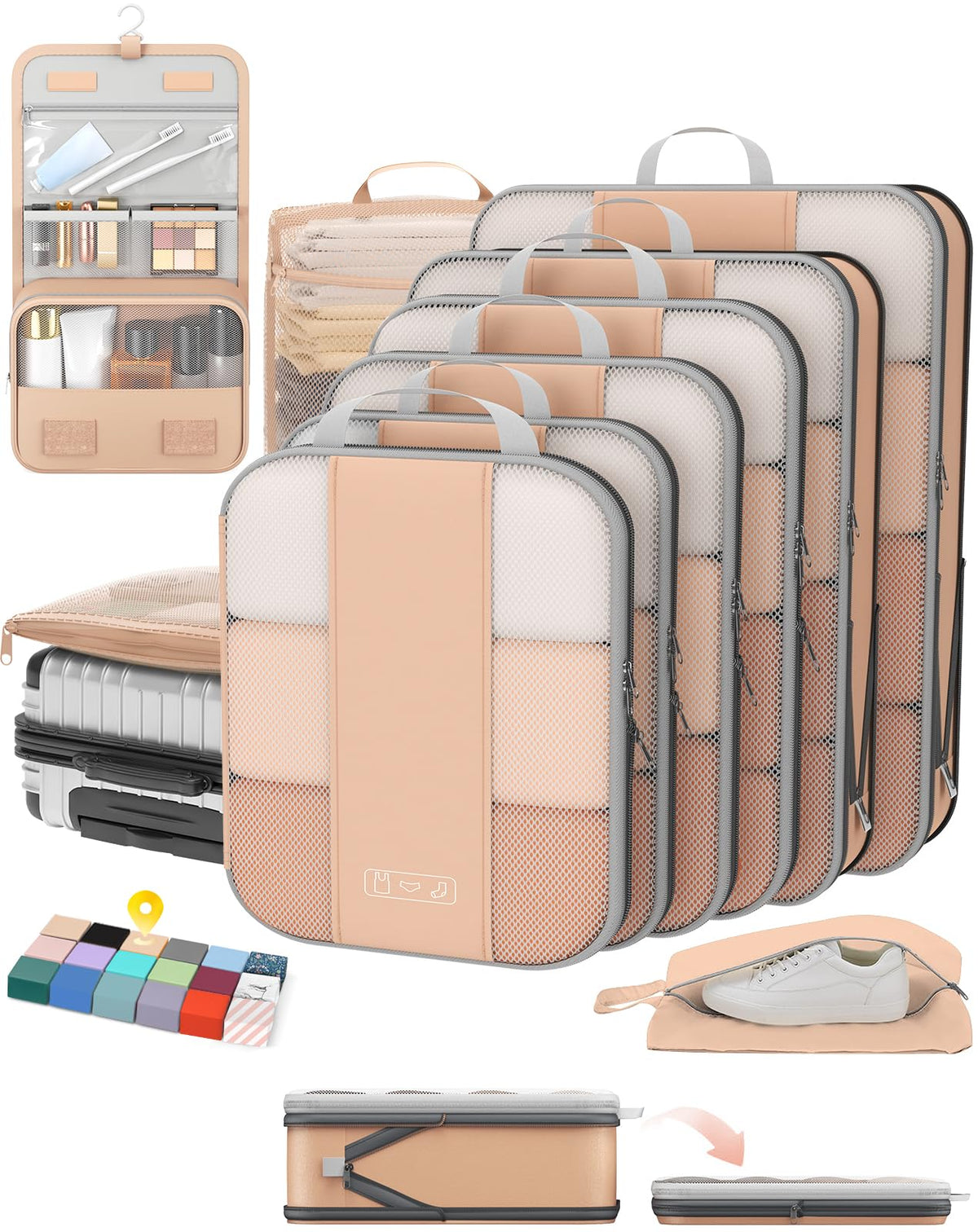 OlarHike 8 Set Compression Packing Cubes for Travel Gifts Mom Women,Airplane/Car/Cruise Travel Essentials,Compressible Expandable Space Saver Bags,Garment Bags with Over 1000 pcs Mesh Holes(Beige)