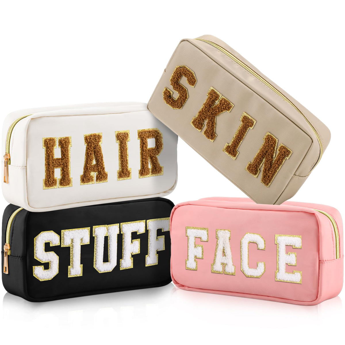 Preppy Makeup Bags Chenille Letter Stuff Bag Nylon Cosmetic Pouch Cases with Zipper for Women Travel Toiletry(Brown Set,Classic,4 Pcs)