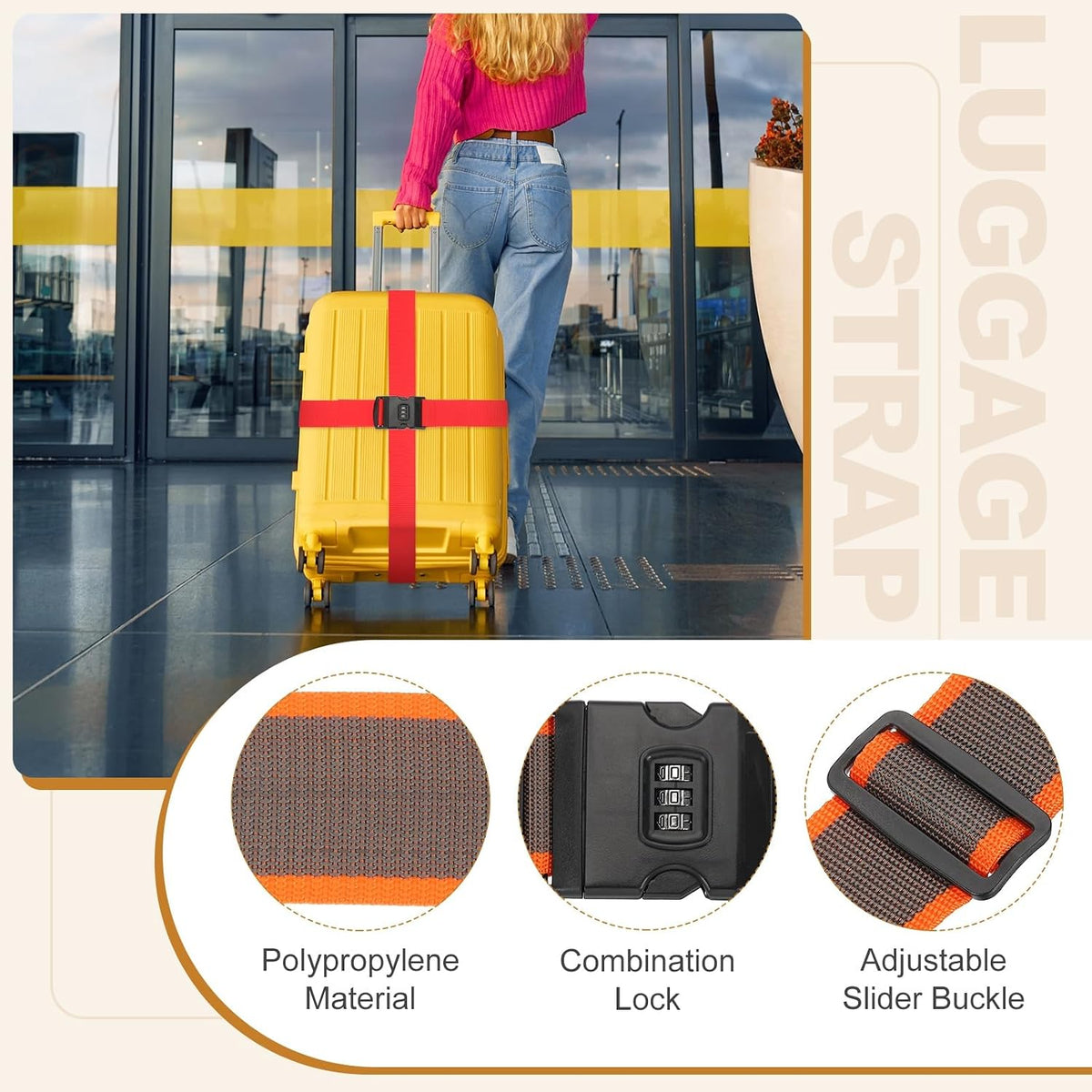 MECCANIXITY Luggage Straps with Combination Lock Adjustable Suitcase Belt Strap for Suitcase Briefcase Backpack Travel, Gray-Orange, Pack of 4