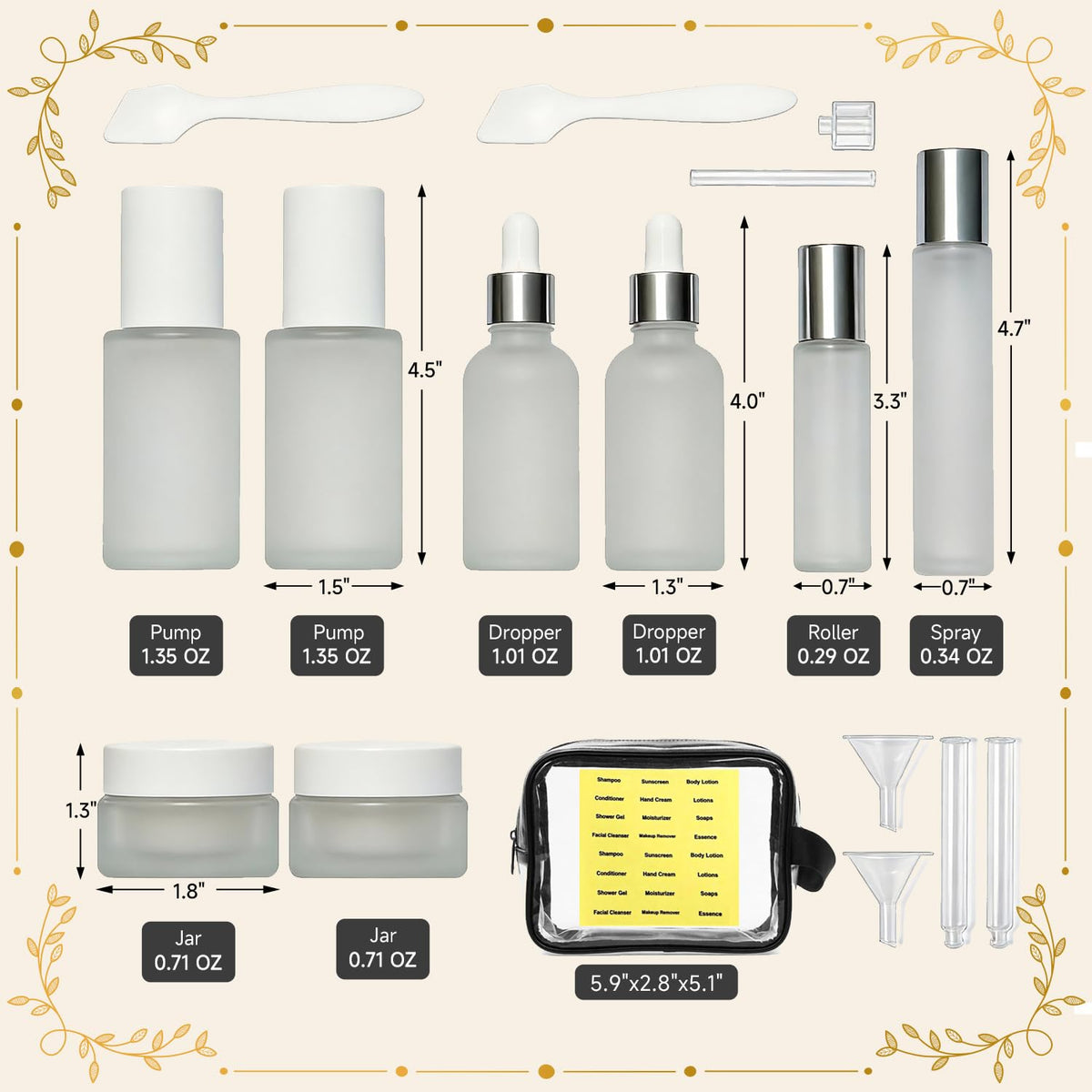 18pcs Skincare Glass Travel Bottles with Label, Travel Size for Toiletries, Leak-Proof, TSA-Approved Toiletry Bag, Travel Containers, Cosmetic Container Kits, large