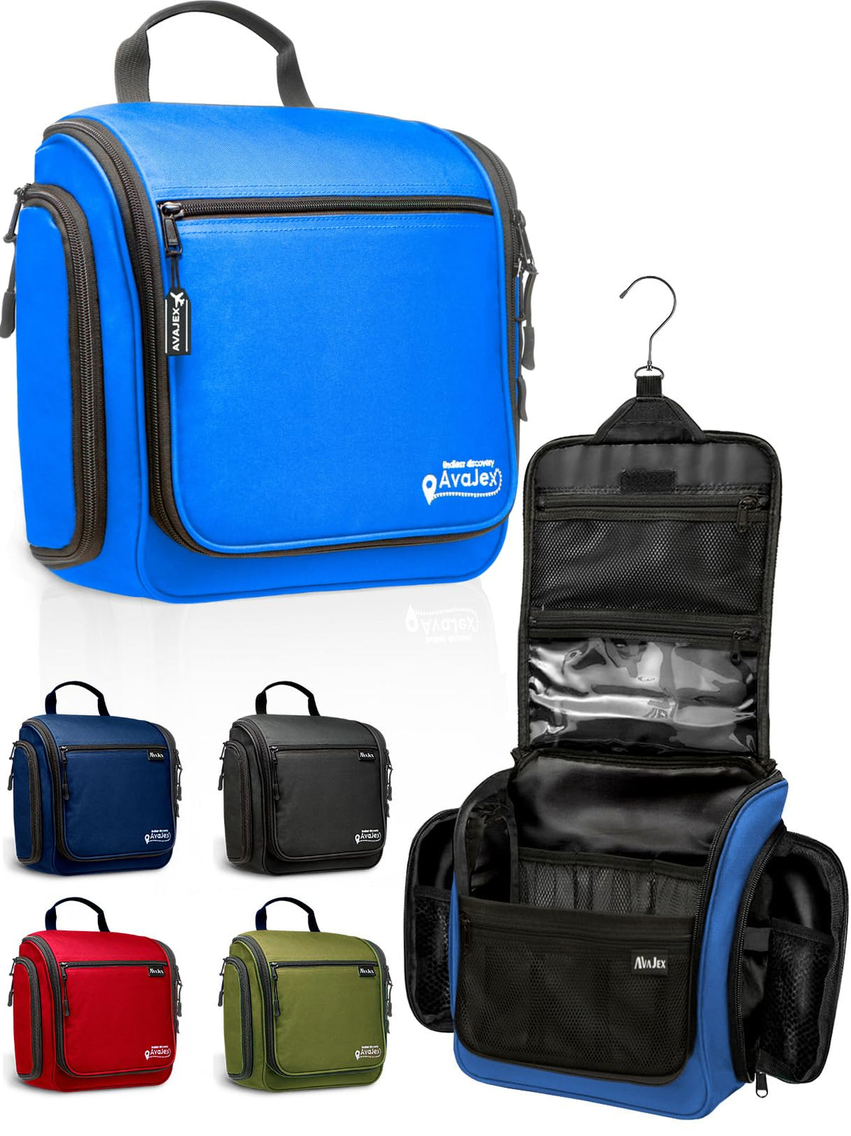 AvaJex Travel Toiletry Bag for Men - Large Dopp Kit (10.6"x10.6"x3.2") - Hanging Waterproof Mens Hygiene Organizer Bag with XXL Metal Swivel Hook, Sturdy Zippers and 19 Compartments for Toiletries