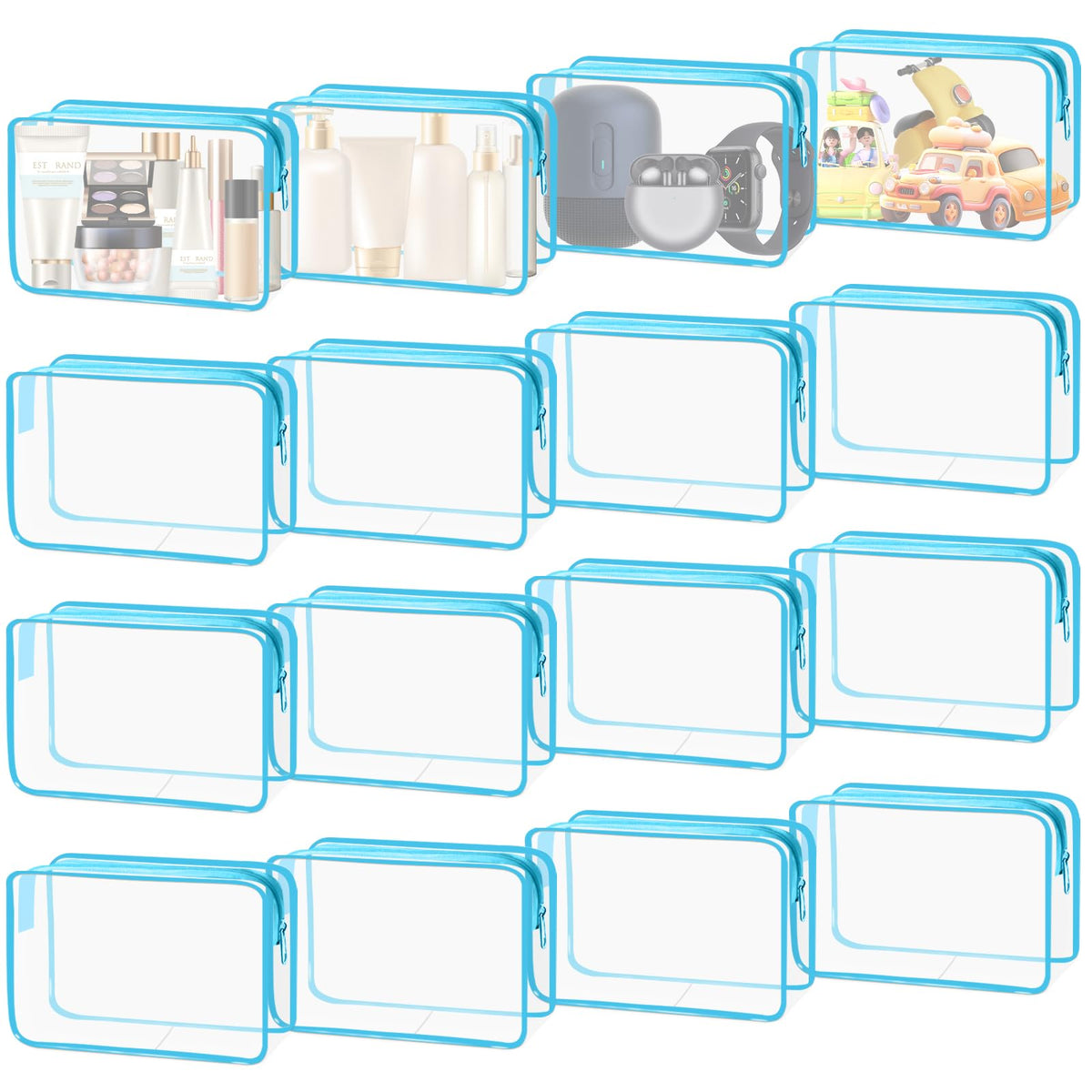 16 Pieces Clear Makeup Bags Bulk, TSA Approved Toiletry Bag for Travel, PVC Waterproof Cosmetic Pouches Clear Pouch with Zipper for Men and Women Carry-on Travel Essentials Cosmetic Bags (White-M)