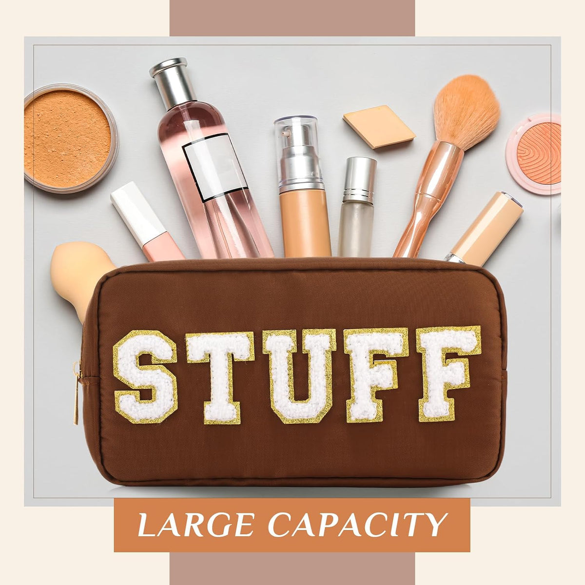 Preppy Makeup Bags Chenille Letter Stuff Bag Nylon Cosmetic Pouch Cases with Zipper for Women Travel Toiletry(Brown Set,Classic,4 Pcs)