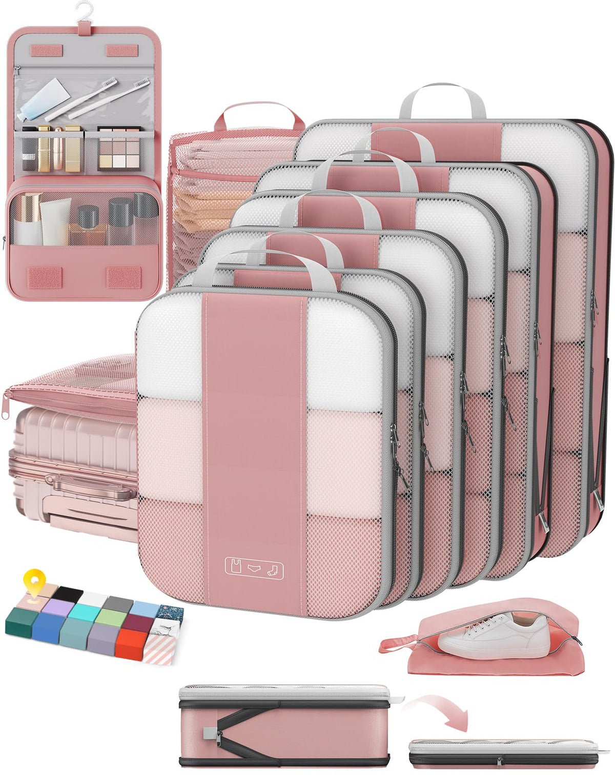 OlarHike 8 Set Compression Packing Cubes for Travel Gifts Mom Women,Airplane/Car/Cruise Travel Essentials,Compressible Expandable Space Saver Bags,Garment Bags with Over 1000 pcs Mesh Holes(Beige)