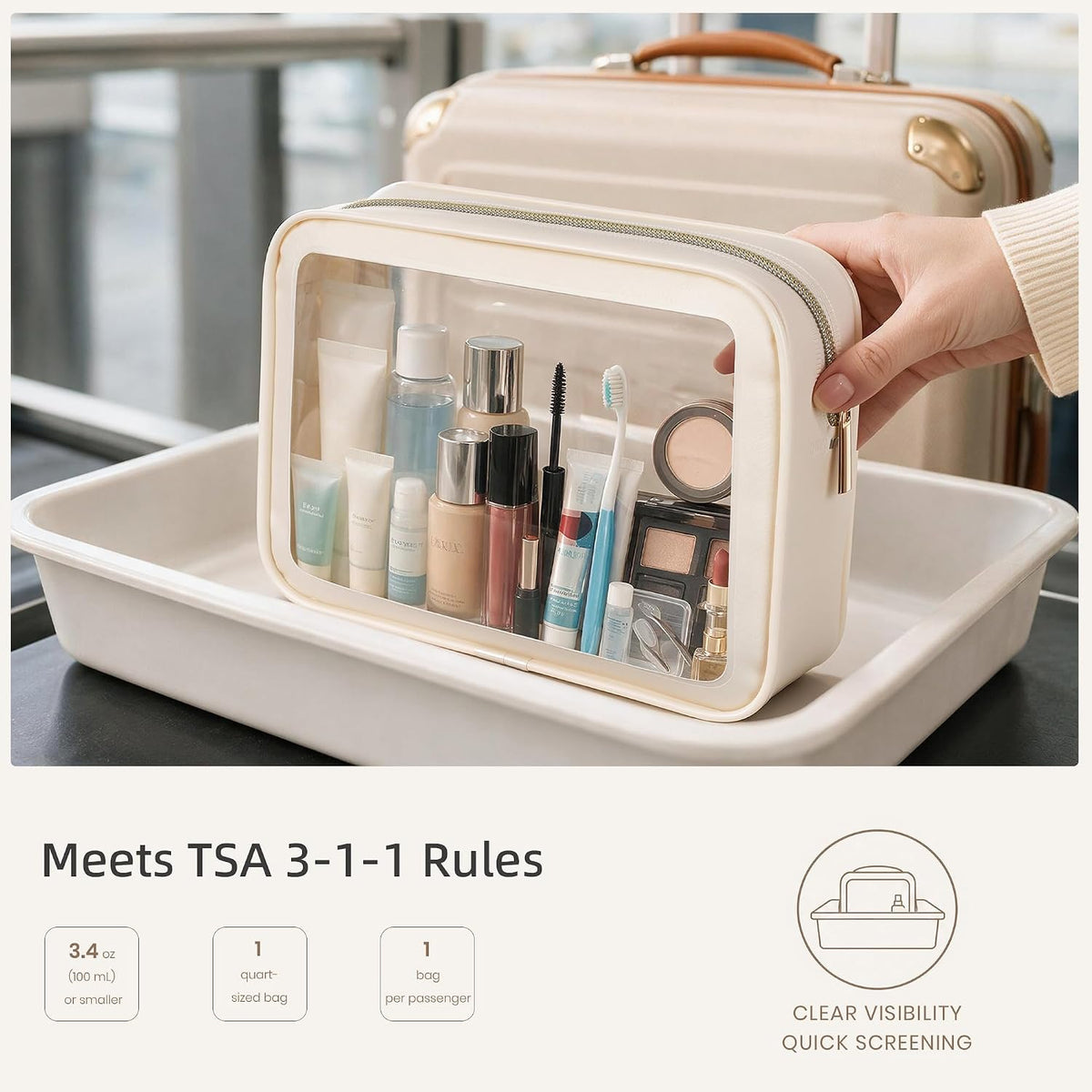 Clear Toiletry Bag, TSA Approved Makeup Bag, 3 Pack, Beige