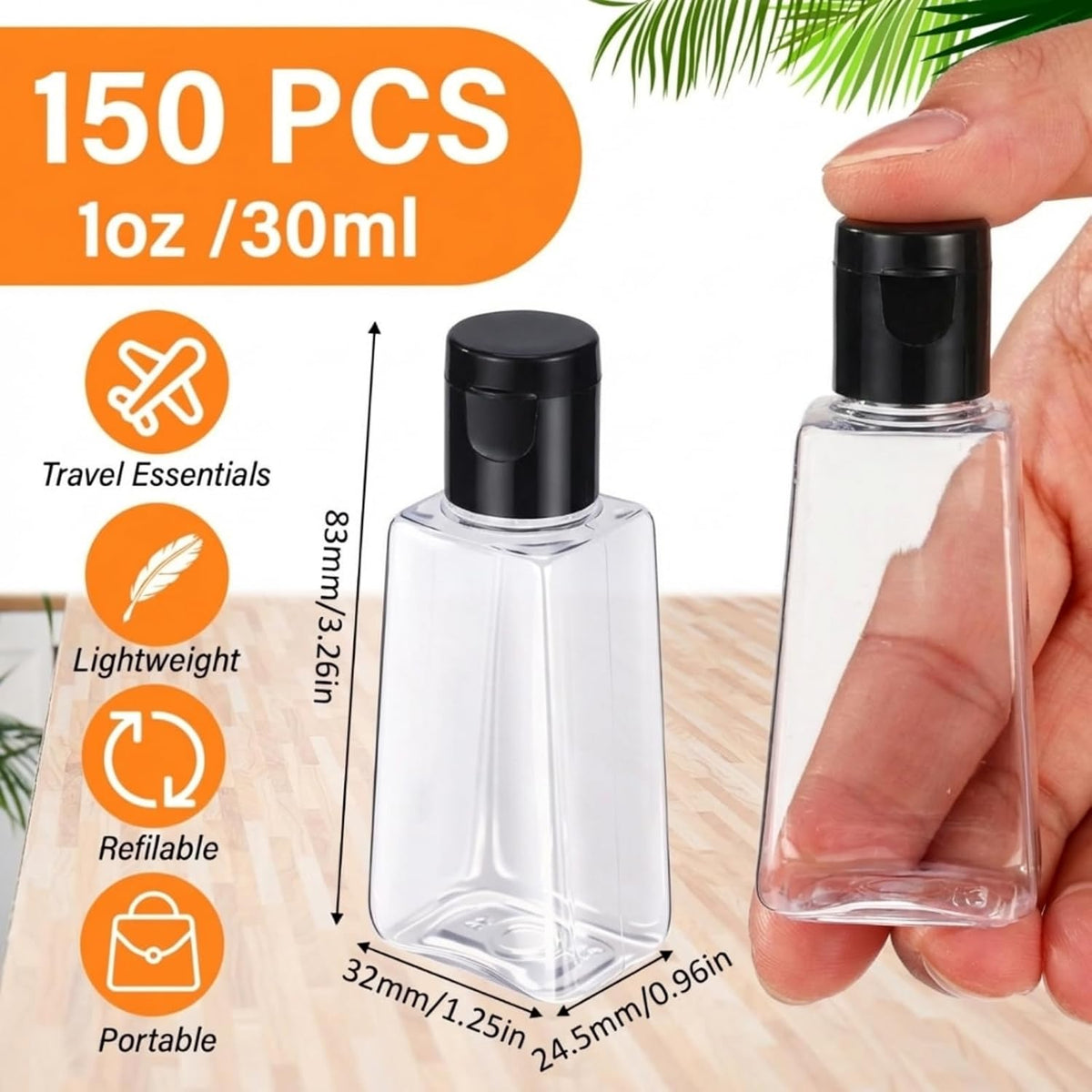 LemonRoad 150 Pcs 1 oz Travel Bottles Flip Cap Empty Bulk, Black Lid