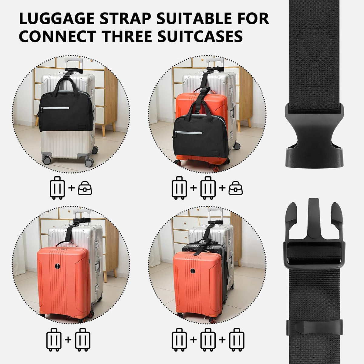 BILIONE 4 Pack Luggage Connector Straps,Connect 3 Suitcases & Add A Bag