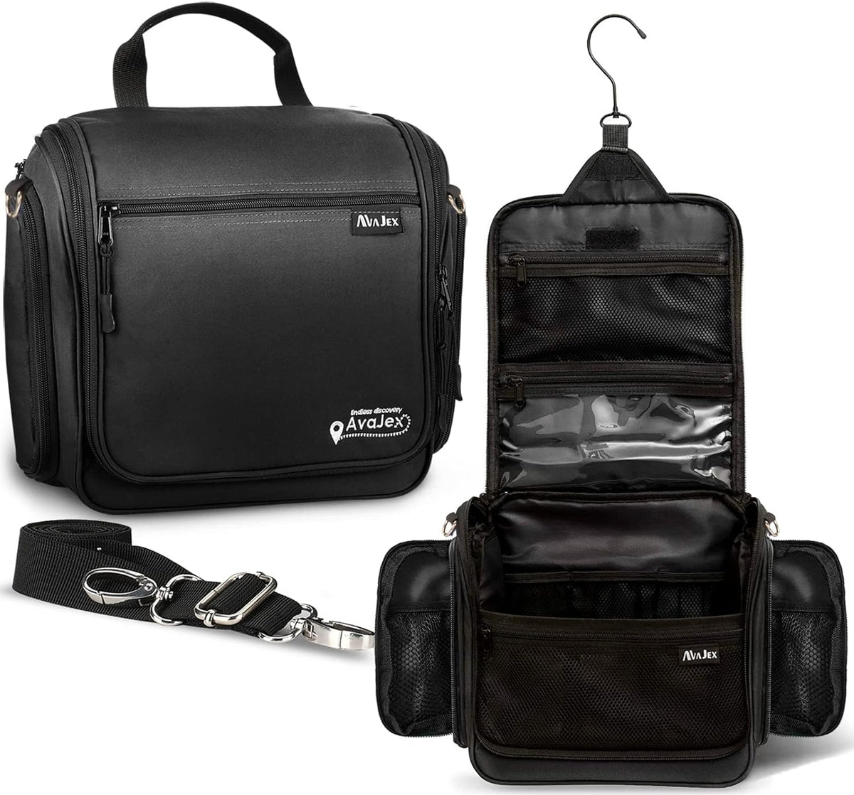 AvaJex Travel Toiletry Bag for Men - Large Dopp Kit (10.6"x10.6"x3.2") - Hanging Waterproof Mens Hygiene Organizer Bag with XXL Metal Swivel Hook, Sturdy Zippers and 19 Compartments for Toiletries