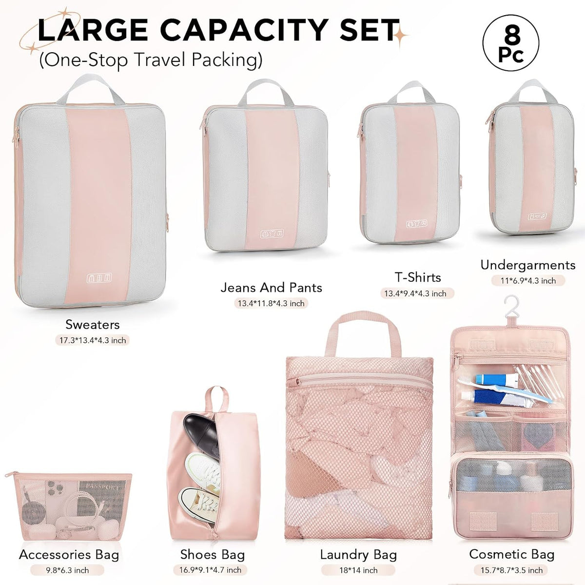 OlarHike 8 Set Compression Packing Cubes for Travel Gifts Mom Women,Airplane/Car/Cruise Travel Essentials,Compressible Expandable Space Saver Bags,Garment Bags with Over 1000 pcs Mesh Holes(Beige)