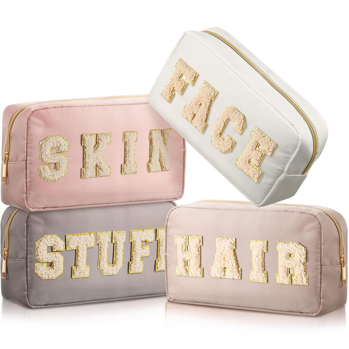 Preppy Makeup Bags Chenille Letter Stuff Bag Nylon Cosmetic Pouch Cases with Zipper for Women Travel Toiletry(Brown Set,Classic,4 Pcs)