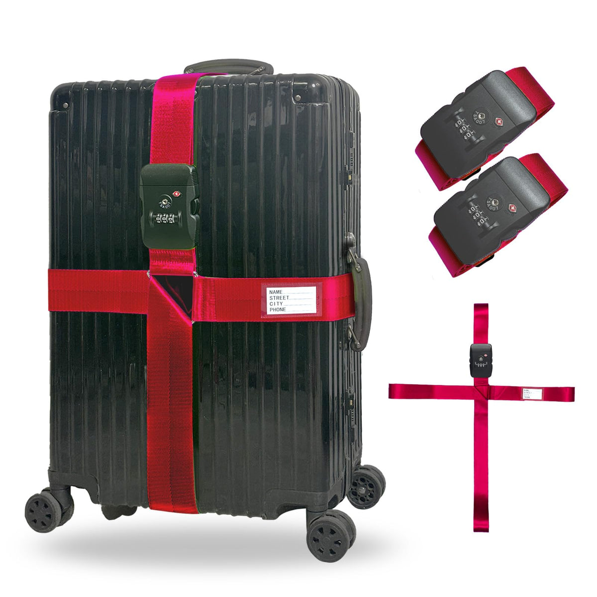 Luggage Straps TSA Approved with Lock,Suitcase Straps with Tags(Red 2 Pack)