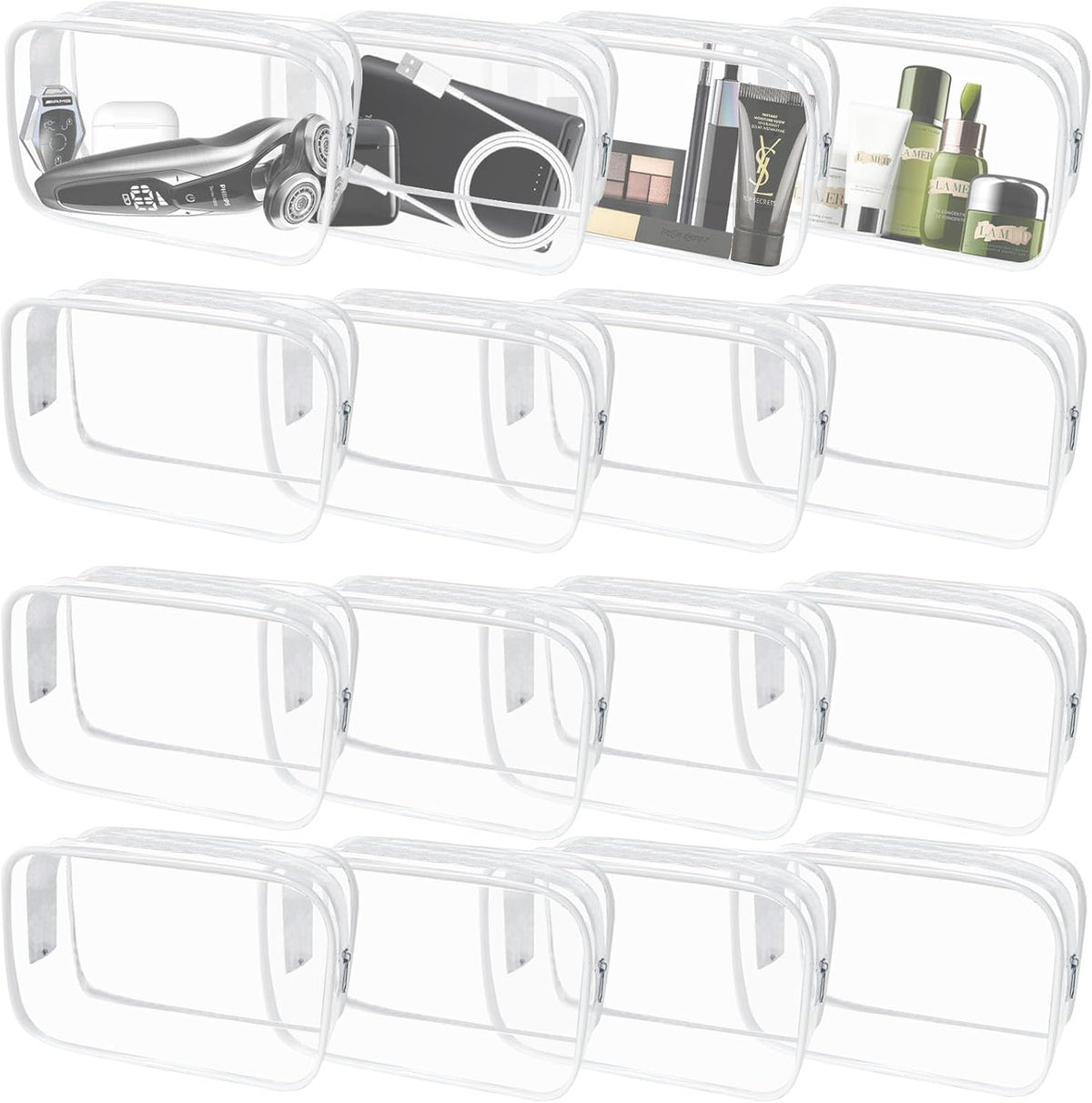 16 Pieces Clear Makeup Bags Bulk, TSA Approved Toiletry Bag for Travel, PVC Waterproof Cosmetic Pouches Clear Pouch with Zipper for Men and Women Carry-on Travel Essentials Cosmetic Bags (White-M)