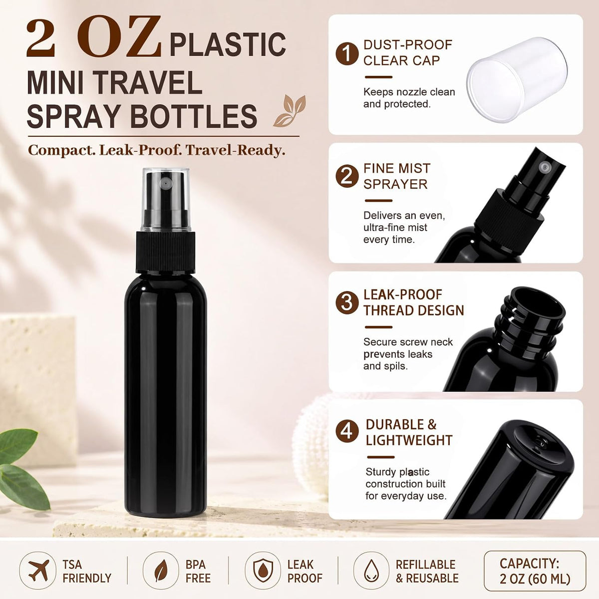 Nuogo 100 Pack 2 Oz Plastic Mini Travel Spray Bottles,Black